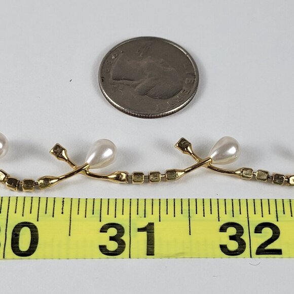 Vintage Gold-Tone Smoke Rhinestone White Faux Pearl Vine Necklace 18 In - Picture 11 of 11